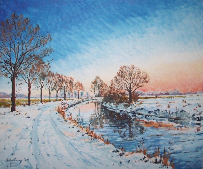 Rur bei Orsbeck im Winter Sonnenuntergang 2009 50x60cm